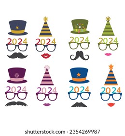 Party glasses and greetings decorated with a hat and stars, ready to be used in New Year's Eve party for 2024.