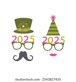 Party glasses and greetings decorated with a hat and stars, ready to be used in New Year's Eve party for 2025.