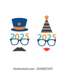 Party glasses and greetings decorated with a hat and stars, ready to be used in New Year's Eve party for 2025.