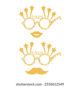 Party glasses and greetings decorated with a hat and stars, ready to be used in New Year's Eve party for 2025.