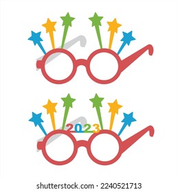 Party glasses and greetings decorated with stars and new year dawn, ready to be used in New Year's Eve party for 2023.