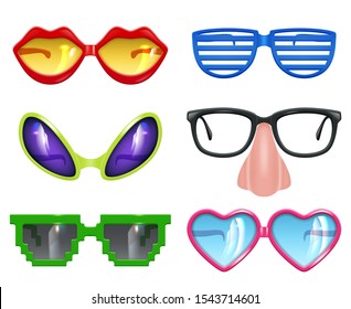 Party glasses. Masquerade realistic funny mask colored party fashion colored symbols vector set. Funny glasses and sunglasses to celebration illustration