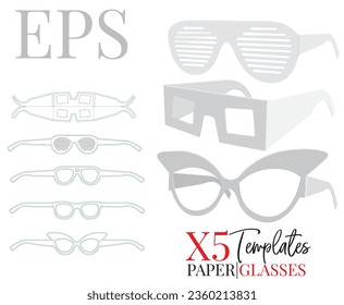 Party glasses template, vector with die cut, laser cut layers. Cat eye glasses mock up, paper eye glasses. Cut and Fold. White, blank, isolated party glasses on white background, perspective view