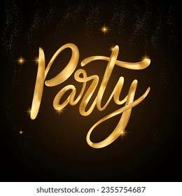 Party glitter text. Shiny sparkle 3d vector gold golden lettering calligraphy card