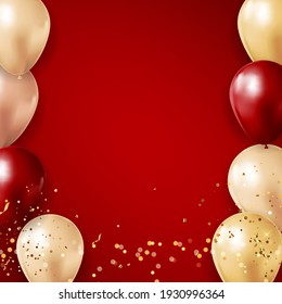 Party Glossy Red Holiday Background with Balloons and confetti. Vector Illustration EPS10