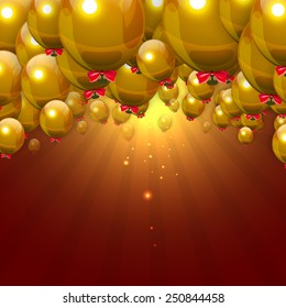 Party Gold Balloons Background with Red Jazzbow . Vector Illustration.