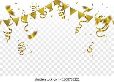 Party Golden Flags With Tiny Confetti And Streamer Ribbon Falling On Transparent Background. Vector