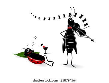 party. A grasshopper with a violin and ladybird with a glass of wine 