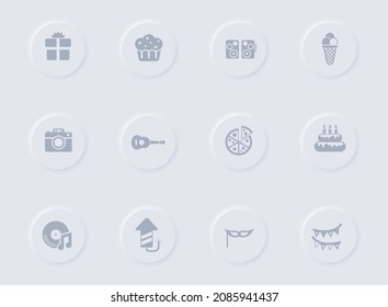 iconos de los vectores de color gris de fiesta en los botones de goma redondos. conjunto de iconos de partido para web, aplicaciones móviles, diseño de ui y poligrafía de negocio de promoción