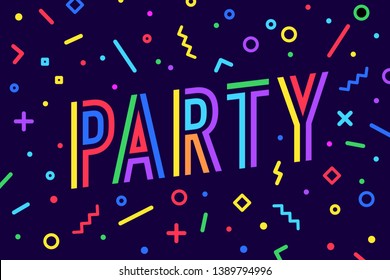 Party. Greeting card, banner, poster and lettering typography, memphis geometric style with text Party for banner, poster, fyer, web. Lettering card, party template invitation. Vector Illustration