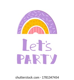 Party greeting card with rainbow. Illustration in cartoon style