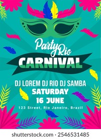 Cartão de festa com texto Party RIo Carnival vetor ilustração