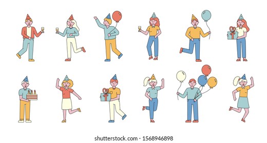 Party guests flat charers set. Joyful people with balloons at festive event cartoon illustrations. Friends in party hats having fun, holding presents. Special occasion, birthday celebration.