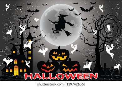 Party halloween illustration with elements silhouette pupkins, bats, tree, ghost, haunted house and using moon night to background. Hallowen concept