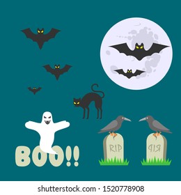 Party halloween illustration with elements silhouette pupkins, bats, tree, ghost, haunted house and using moon night to background. Hallowen concept