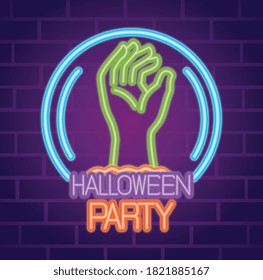 party halloween neon sign with hand zombie vector illustration design
