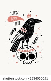 Party Halloween postcard with a black raven on a skull saying You're bootiful, funny folk style in black and red colors. Vector illustration