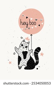 Party Halloween postcard with a cute cat and balloon. Hey Boo funny folk style in black and pink colors. Vector illustration