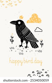 Party Halloween postcard with fraven. Happy Bird day card, funny folk style in black and yellow colors. Vector illustration
