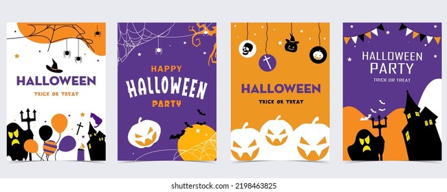 Party halloween postcard with web, spider, bat,pumpkin,house, skeleton