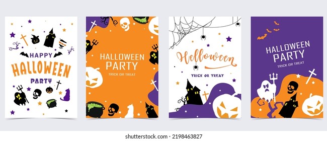 Party halloween postcard with web, spider, bat,pumpkin,house, skeleton