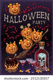 Party halloween poster with pumpkin heads like happy kids, bottle with red potion with skull, martini glass with poisonous cocktail, burning cauldron with magic elixir. Vintage style.