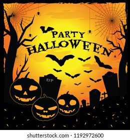 Party Halloween, Halloween pumpkin heads with spider, Illustration with scary faced pumpkins