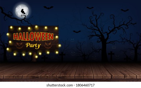 Party Halloween pumpkin placed on an old plank under the shadow of the blue moon. Vector illustration.