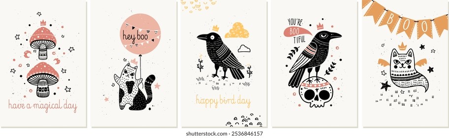 Party Halloween set of postcards with a raven, cat, a flying ghost of the dead cat, skull and fly agaric. Vector illustration