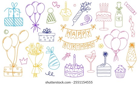 Mão da parte desenhar elementos de esboço. Decorações de aniversário chapéu, balões, caixas de presente festivo, velas, bolos, foguete. Ótimo para festas de aniversário, têxteis, banners, papéis de parede, embalagem. Vetor 