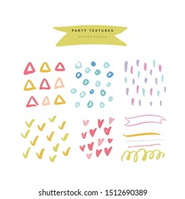 Party hand drawn multicolor textures set. Triangles, dots, circles hand drawn ornaments. Hearts cartoon clipart for birthday, Valentines Day postcard. Ribbon, lines and spiral isolated design elements