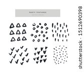 Party hand drawn vector textures set. Triangles, dots, circles monochrome decorative ornaments. Hearts cartoon clipart for birthday, Valentines Day celebration postcard. Ticks and lines design element