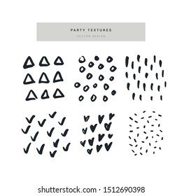 Party hand drawn vector textures set. Triangles, dots, circles monochrome decorative ornaments. Hearts cartoon clipart for birthday, Valentines Day celebration postcard. Ticks and lines design element