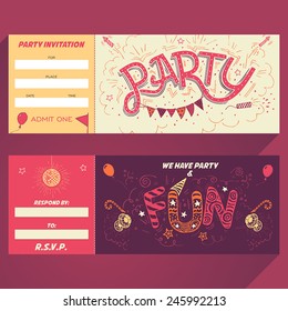 Party hand-lettering invitation ticket with hand-drawn party elements