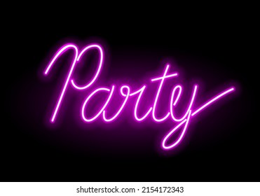 "Party" handwriting letter glowing pink neon sign vector. Wall LED inviting decoration. Isolated on black background.