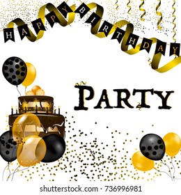 Party Happy birthday vector illustration - Gold foil confetti and black and shiny gold balls with cake on a white background.