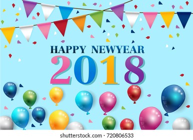 Party Happy new year 2018 Color Balloons and Party Flags Background Vector 