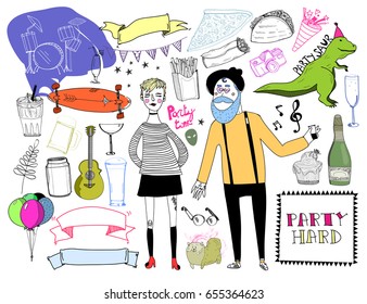 Party hard. Colored hipster doodle vector set. Isolated elements