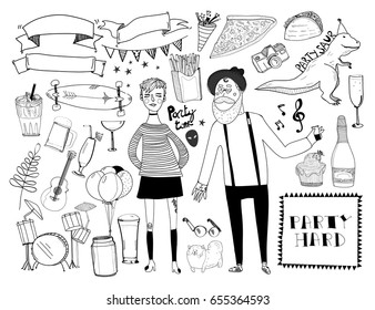 Party hard. Hipster doodle vector set. Isolated elements