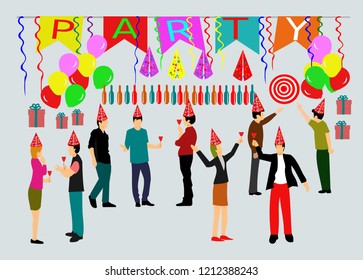 
The party has women and men drinking wine,party decorations on white background

