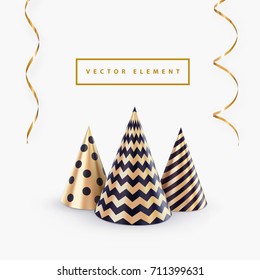 Party hat or abstract Christmas tree and streamers vector template for Christmas party banner or happy birthday greeting card. Holiday background