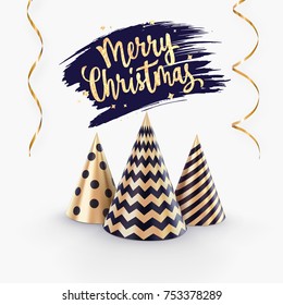 Party hat or abstract Christmas tree and streamers vector template for Christmas party banner or happy birthday greeting card. Holiday background