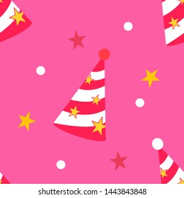 party hat background design with stars and white circles, seamless pattern, vector design