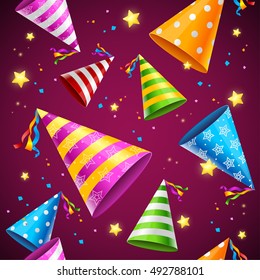 Party Hat Background Pattern. Ready for Your Holiday. Vector illustration of Random Hats Fly with Stars on Violet. 