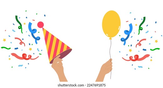 A party hat and a balloon in hands with a festive confetti around it. Vector illustration