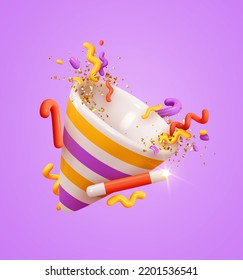 Party hat and birthday cap, gold confetti and candy magic stick. New Year's and Christmas decorative object. Realistic 3d design element. Icon isolated on purple background. vector illustration