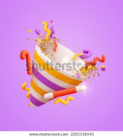 Party hat and birthday cap, gold confetti and candy magic stick. New Year's and Christmas decorative object. Realistic 3d design element. Icon isolated on purple background. vector illustration
