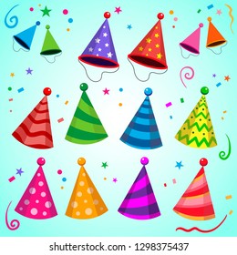 Party hat and birthday hat illustrations. Birthday cap illustrations. Colored holiday hats isolated on blue festive bacground. Vector set for events decoration.