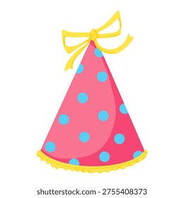 Party hat. Birthday spotted hat vector clipart. Cartoon retro hand drawn illustration. 50s, 60s. Cute celebration pink cone cap with tied bow. Festive minimalistic paper cap for stickers, web, cards