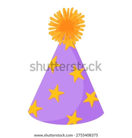 Party hat. Birthday star spotted hat vector clipart. Cartoon retro hand drawn illustration. 50s, 60s. Cute celebration purple cone cap with pompon. Festive paper cap for stickers, web, cards